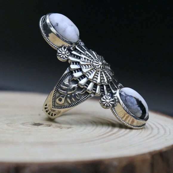 Artisan Jewelry - Artisan ✦ White Buffalo Statement Ring ✦ Dual Gem Sterling Silver Floral Band 9